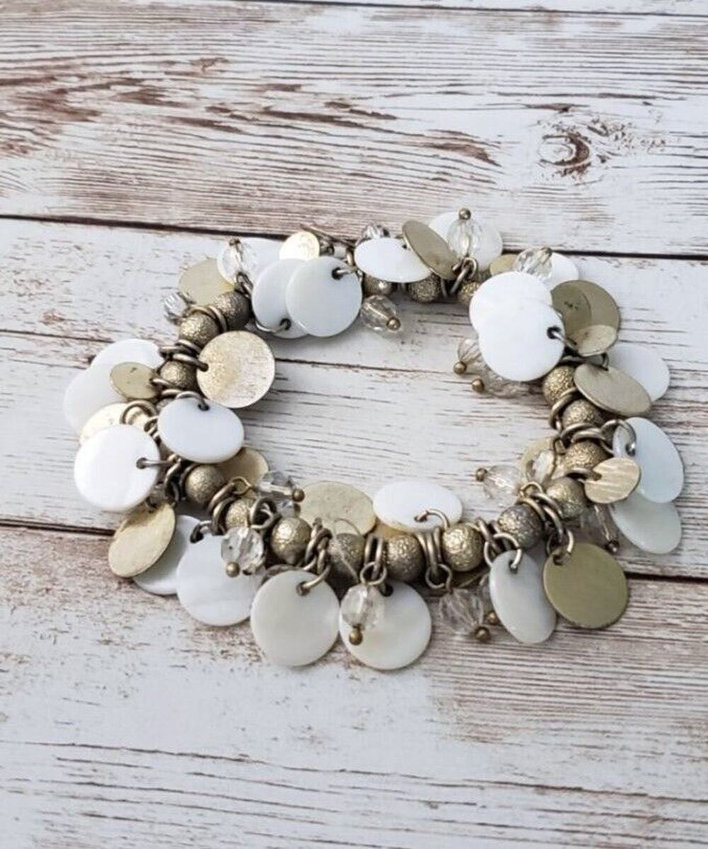 Vintage Stretch Bracelet / Bangle - White & Gold Circles